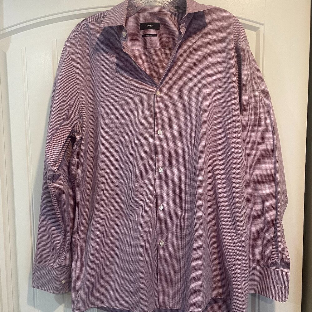 Hugo Boss Sharp Fit Dress Shirt Men’s Size 15.5 32/33 Purple Micro Check Long Sl